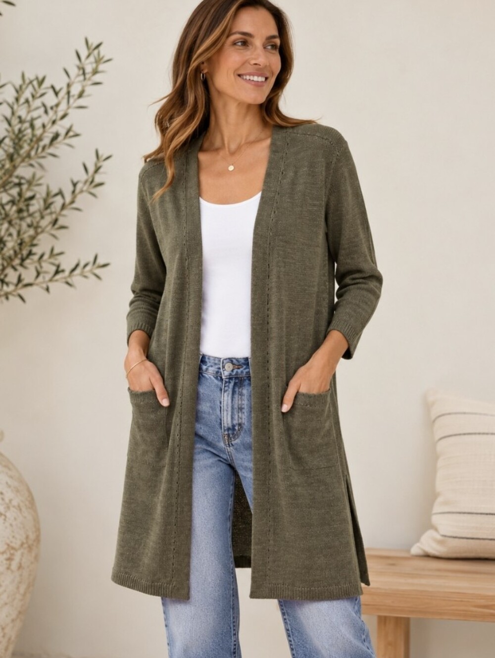 Talbots 100% Linen Cardigan Olive Green Sz XL Long Open Front Duster Pockets